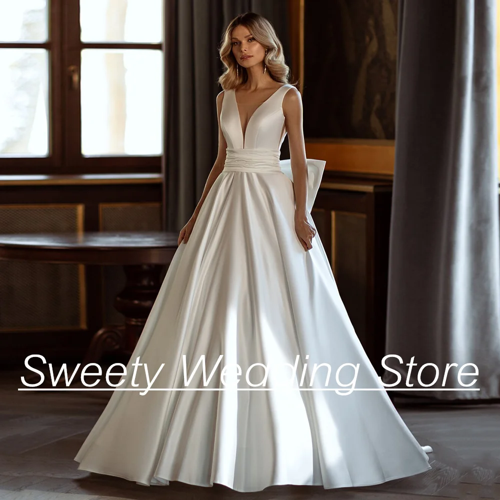 

Sexy Satin Wedding Dress Vestido De Noiva Sleeveless V Neck Pleat Belt Big Bow Sweep Train A Line Corset Bridal Gown Plus Size