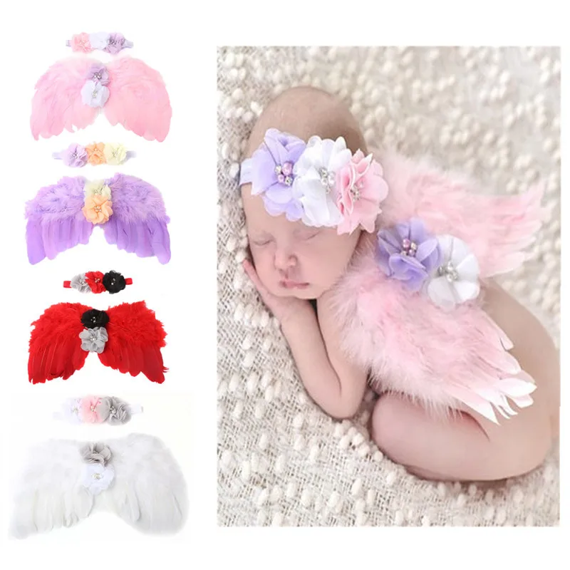 

Baby Newborn Angle Feather Wing And Colorful Flower Headband Photograph Prop Suit Infant Clothes Suit Dropshipping