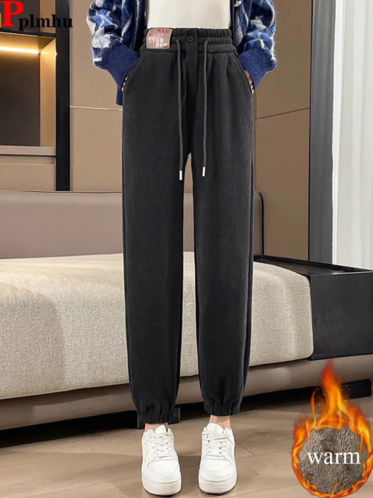 

Корейские модные свободные шаровары, женские повседневные эластичные брюки-шаровары с высокой талией на флисовой подкладке, зимние теплые утепленные брюки