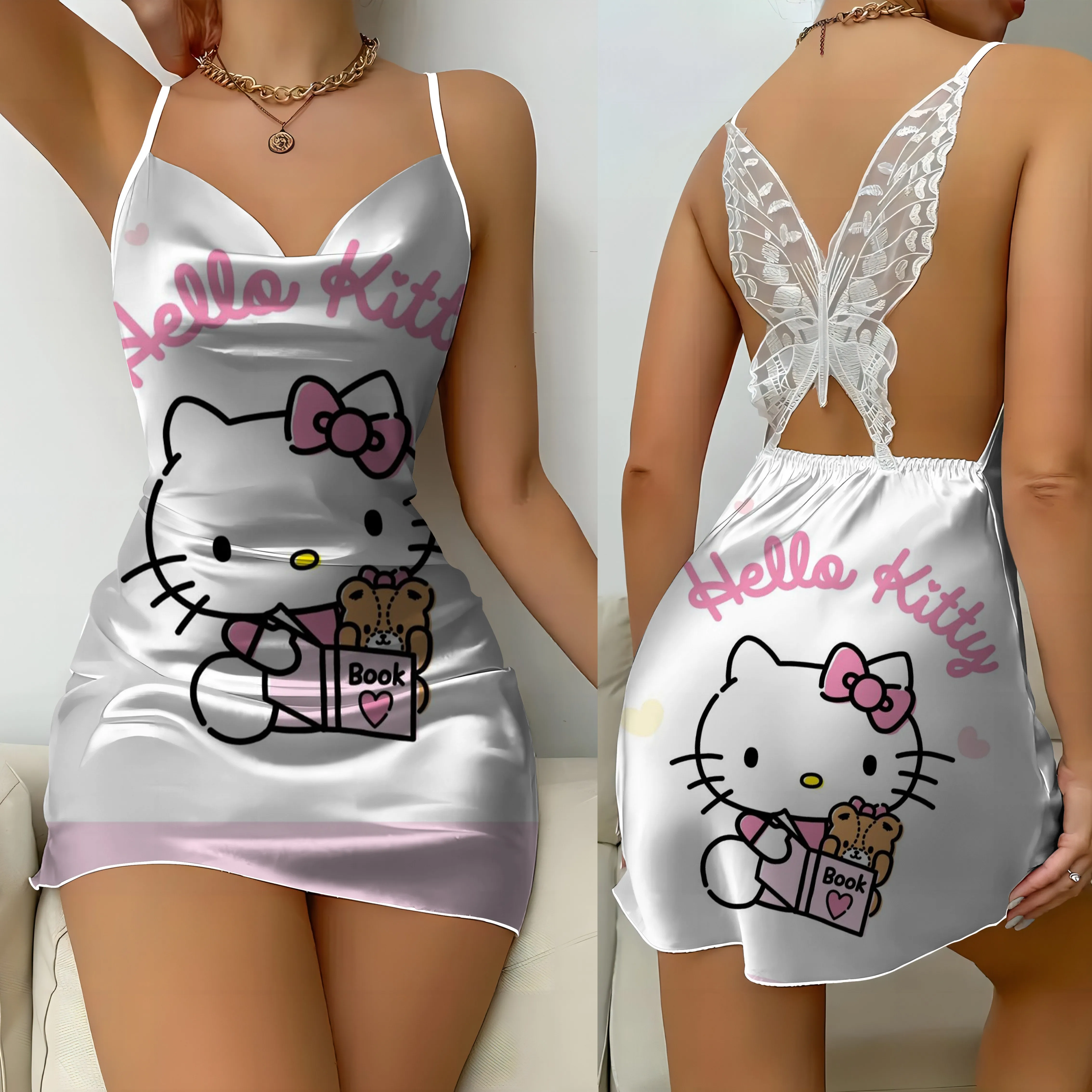 Mini Dress Pajama Skirt Hello Kitty Sexy Dresses Off Shoulder Bow Knot Satin Surface Womens Fashion Summer 2024 Short Party Lace