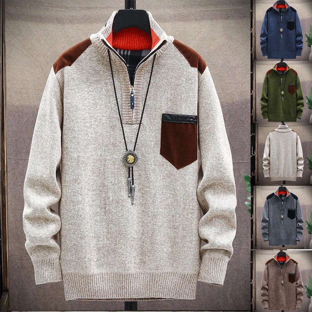 

Autumn Winter Men's Casual Half-zipper Sweater Thick Warm Solid Color Korea Style Fashion Mens Pullover