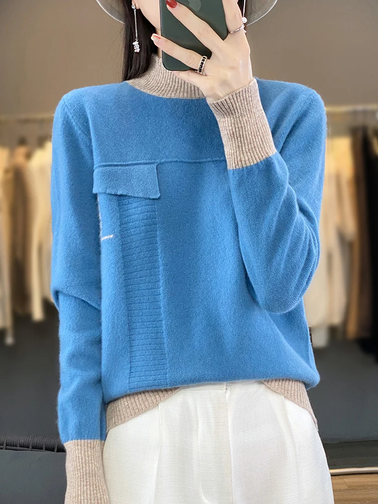 

Women Cashmere Sweater 100% Merino Wool Pullover Mock Neck Jumper Soft Color Matched Knitwear Autumn Winter High Quality Tops