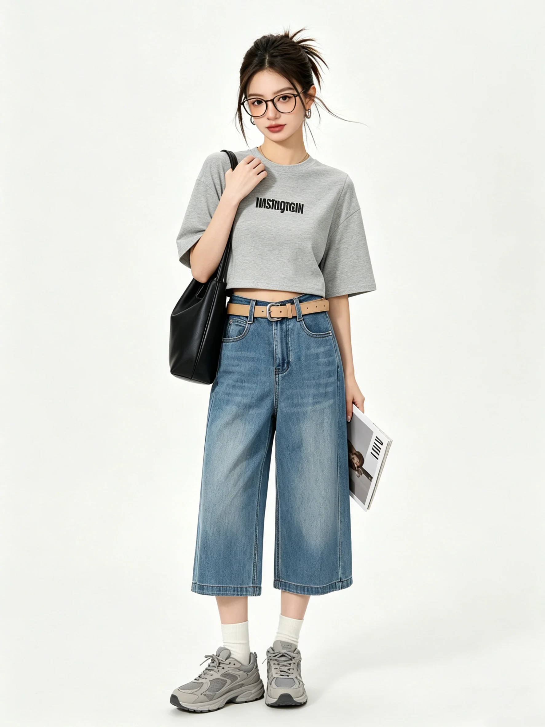 High Waist Wide Leg Denim Jeans Dark Color Retro Korean Style Loose Fit Skin-friendly Seven-Foot Pants Summer New Arrival