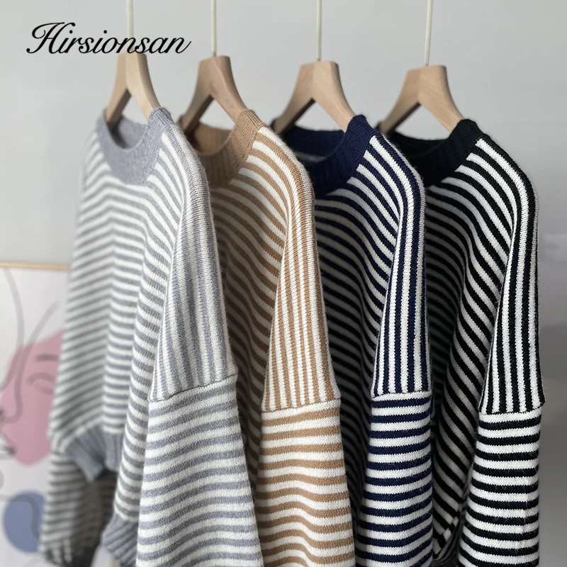 Hirsionsan Vintage Striped Patchwork Sweater Women Elegant Ladies Pullovers Warm Soft Long Sleeve Knitted Jumper Crop Tops