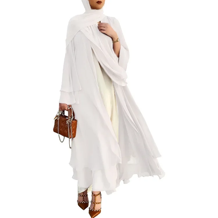 Femmes mode 2 pièces ensembles musulmans en mousseline de soie Abaya + écharpe ensemble Kimono dubaï musulman Cardigan Abayas femmes Robe décontractée femme costume + ceinture