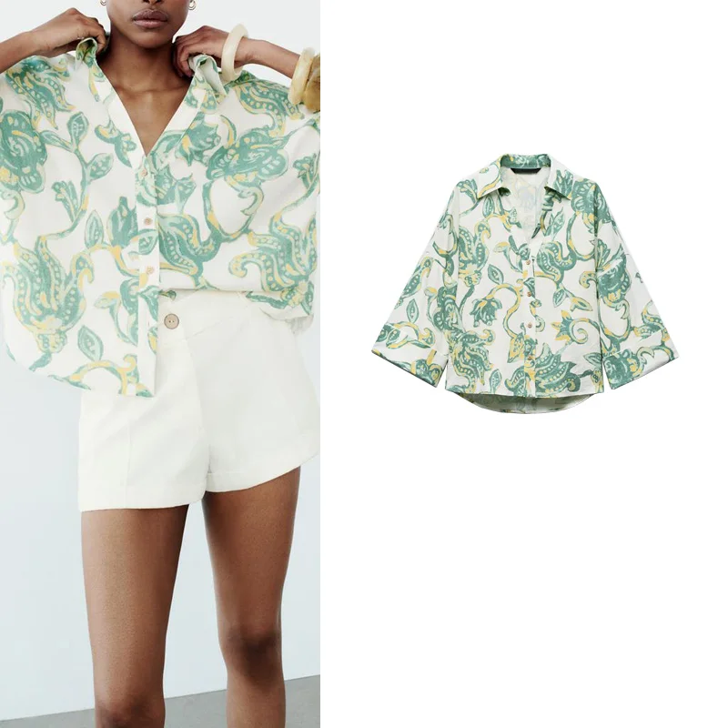 قميص نسائي فاخر بأكمام واسعة فضفاضة على الطراز الهونغ كونغي، تصميم ربيعي جديد بطباعة زهور، أكمام طويلة عادية من ألياف البوليستر