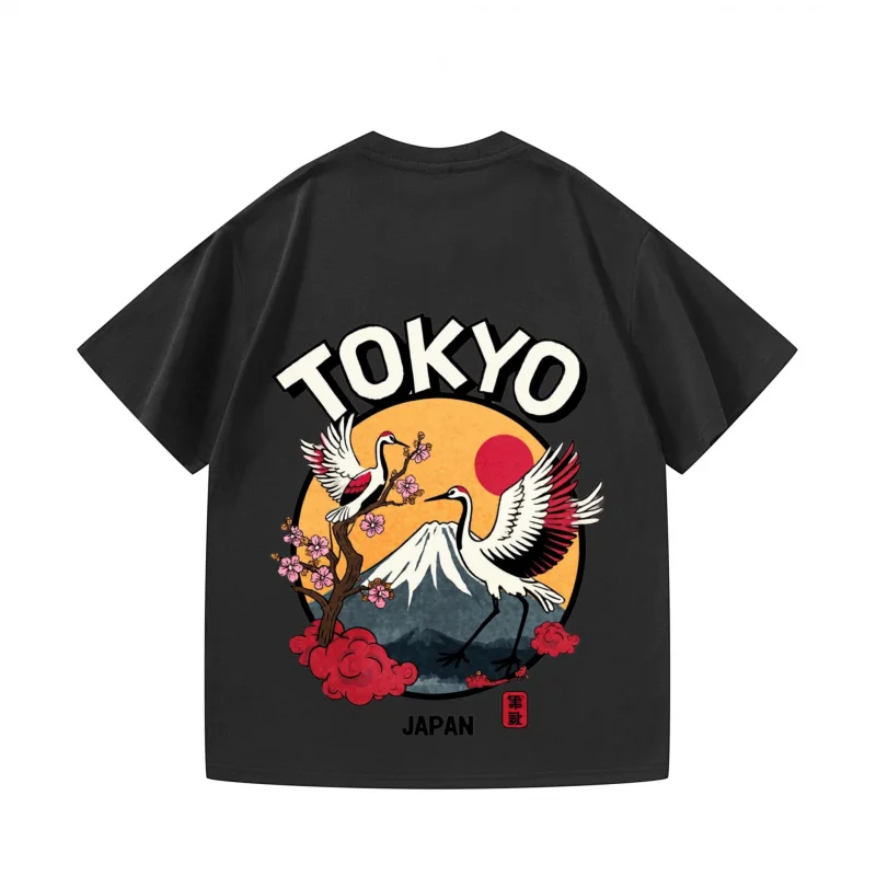 تي شيرت رجالي أسود طوكيو اليابان جبل فوجي كرين ساكورا مطبوعة ملابس يومية غير رسمية السفر الصيف الموضة
