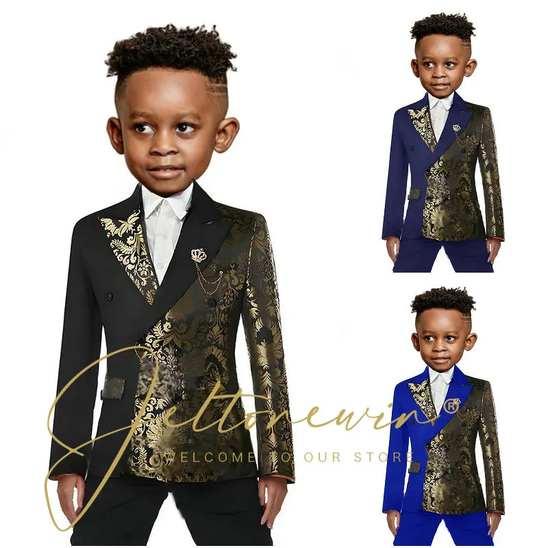 Black Gold Floral Boys Suit Jacket Pants 2 Pieces Wedding Tuxedo Kids Blazer Set Slim Fit Double Breasted Clothes for Child