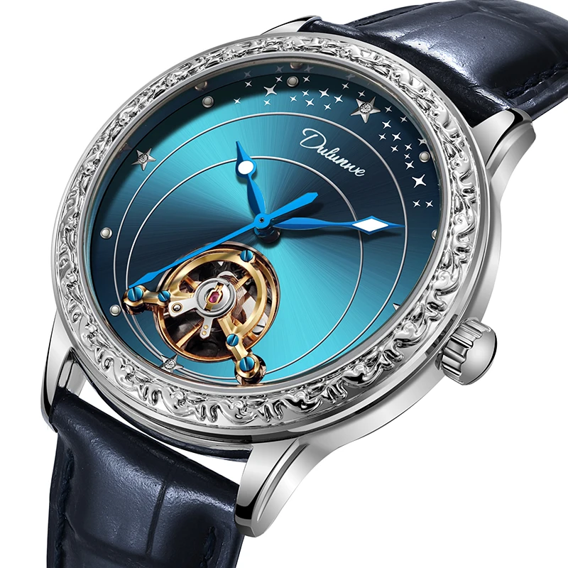 Dulunwe New Arrival Star Galaxy Men Automatic Watch, Hollow Tourbillon Vintage Carved Bezel Business Male Wristwatch