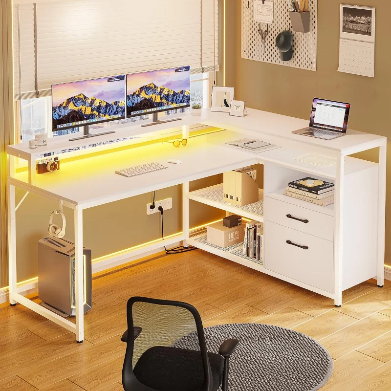 

White Computer Desk with Drawers, File Drawer and Storage Shelves, L Shaped Gaming Desk with LED Lights and Monitor Shelf