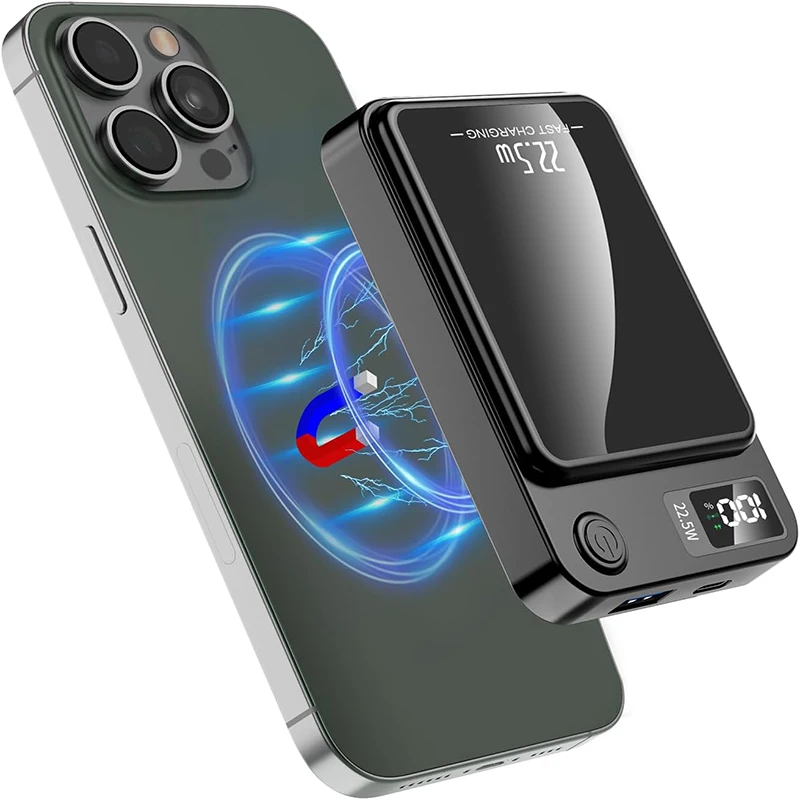 10000mAh Kabellose Powerbank mit Magnetständer 22,5W PD & 20W Schnellladung USB/Typ-C Tragbares Ladegerät für iPhone/Android LED-Digitalanzeige für Reisen & Notfälle
