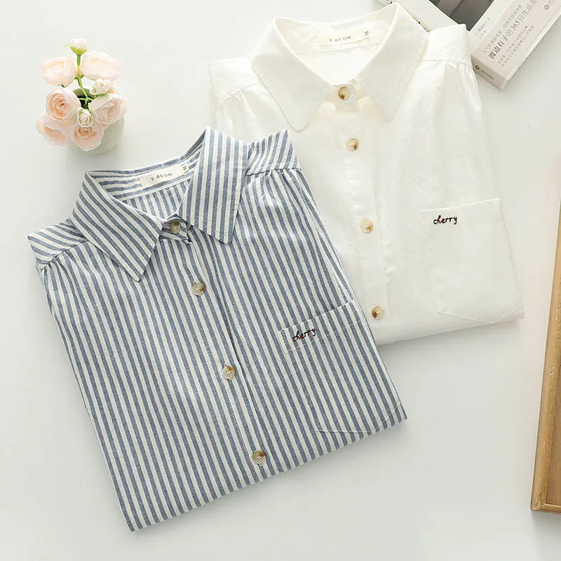 

Fashionable Commuter Shirt for Women Embroidered Letters on Pocket Long Sleeve Cotton Shirt Women's Basic Tops S180-2