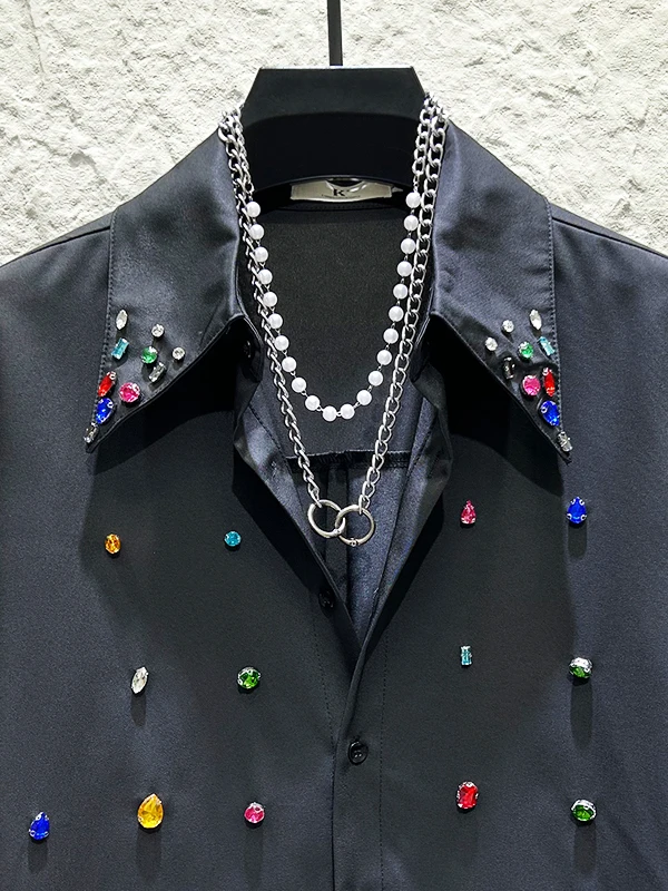 Men's 2025 Autumn New Personality Light Luxury Long Sleeve Shirts Fashion Colorful Gemstones High-end Shirts Solid Color Tops