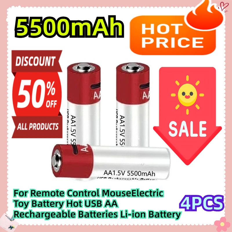 

4PCS 1.5V 5500 MAh For Remote Control MouseElectric Toy Battery Hot USB AA Rechargeable Batteries Li-ion Battery