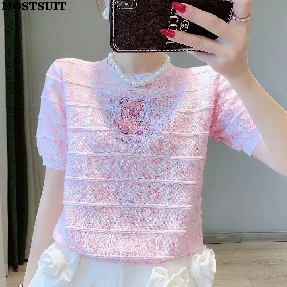 Summer Bear Sequins Knitted Sweater Tshirt Women Pullover Tees Short Sleeve O-neck Sweet Elegant Loose Ladies Knitwear Jumpers