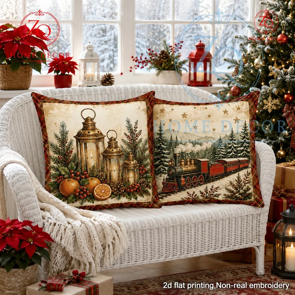 Retro Christmas snow scene steam train pillowcase American country style vera mosphere cushion st furnishing full  mosphere
