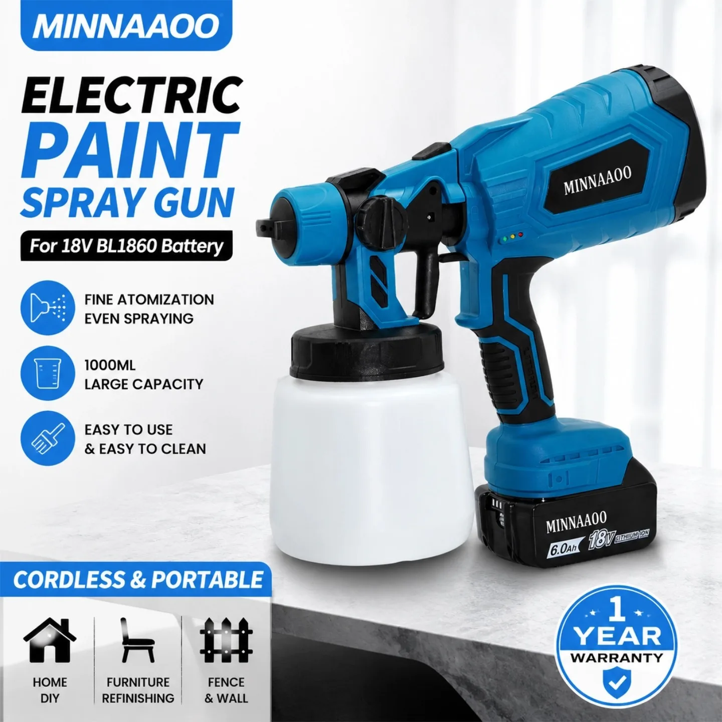 MINNAAOO 1000ML Electric Spray Gun Home Cordless Paint Sprayer HVLP Auto Furniture Steel Coating Airbrush For Makita 18V Battery