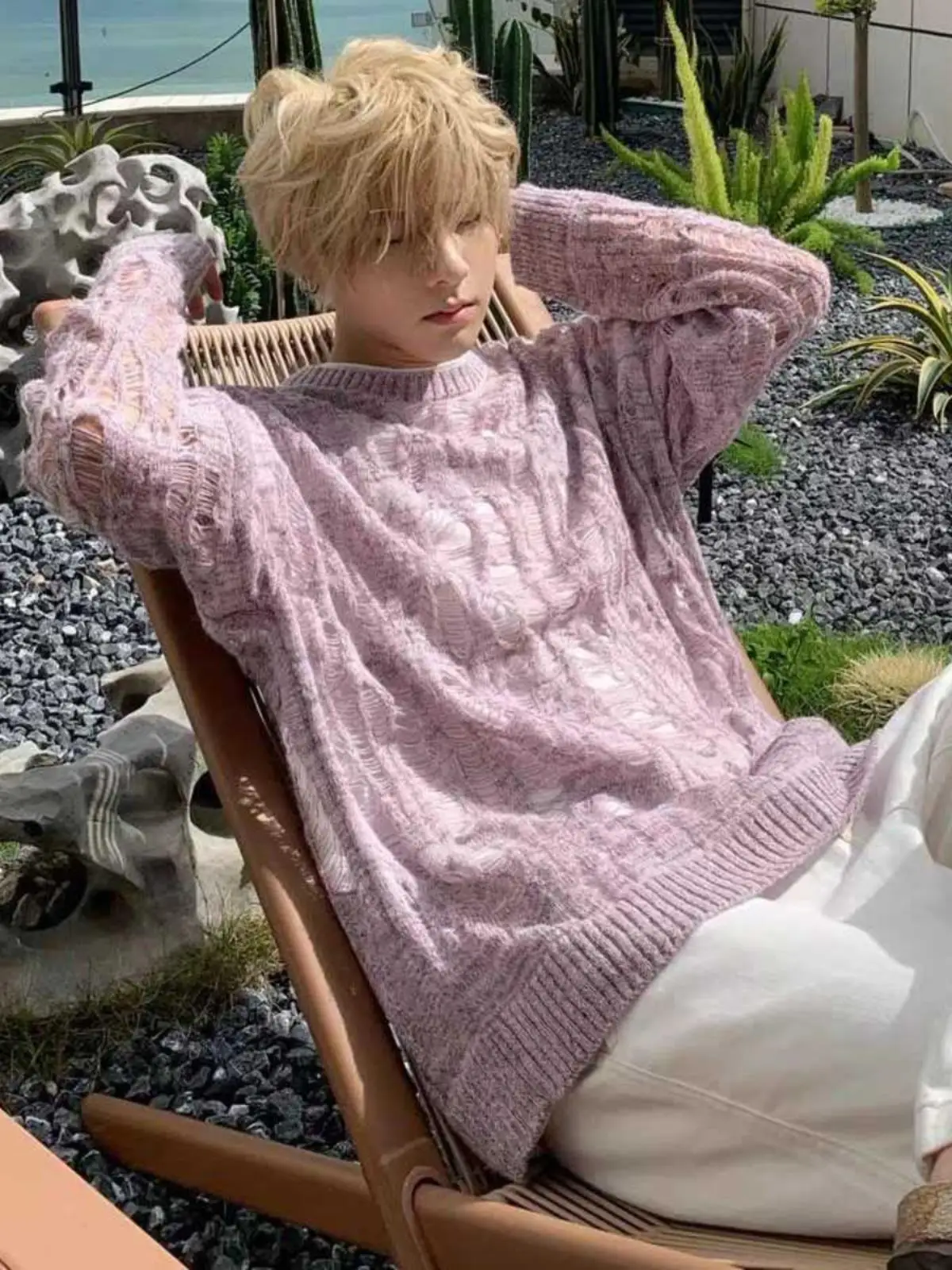 

Повседневный тонкий вязаный свитер с круглым вырезом и вырезами, однотонный, в винтажном стиле, рваный, свободного кроя, весна-осень