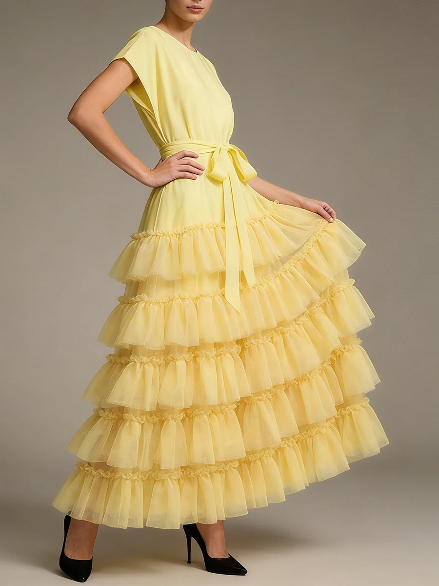 Vgh casual doce emendado em camadas malha bolo vestido para mulheres o pescoço sem mangas fino emendado rendas até vestidos puff feminino verão novo