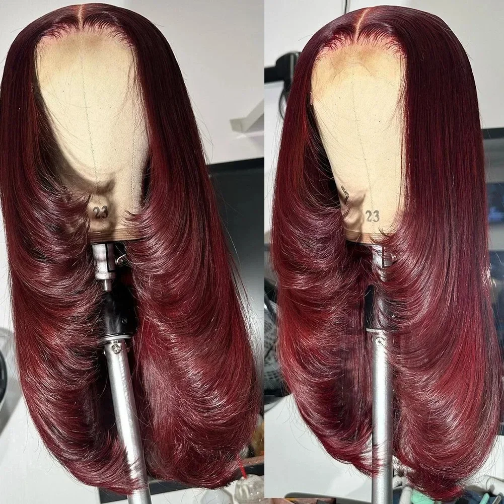 

Синтетический парик ZXBMALWIGS, бургундский, многослойный, прямой, с кружевной передней частью, без клея, предварительно выщипанный, термостойкий, для косплея и повседневного использования