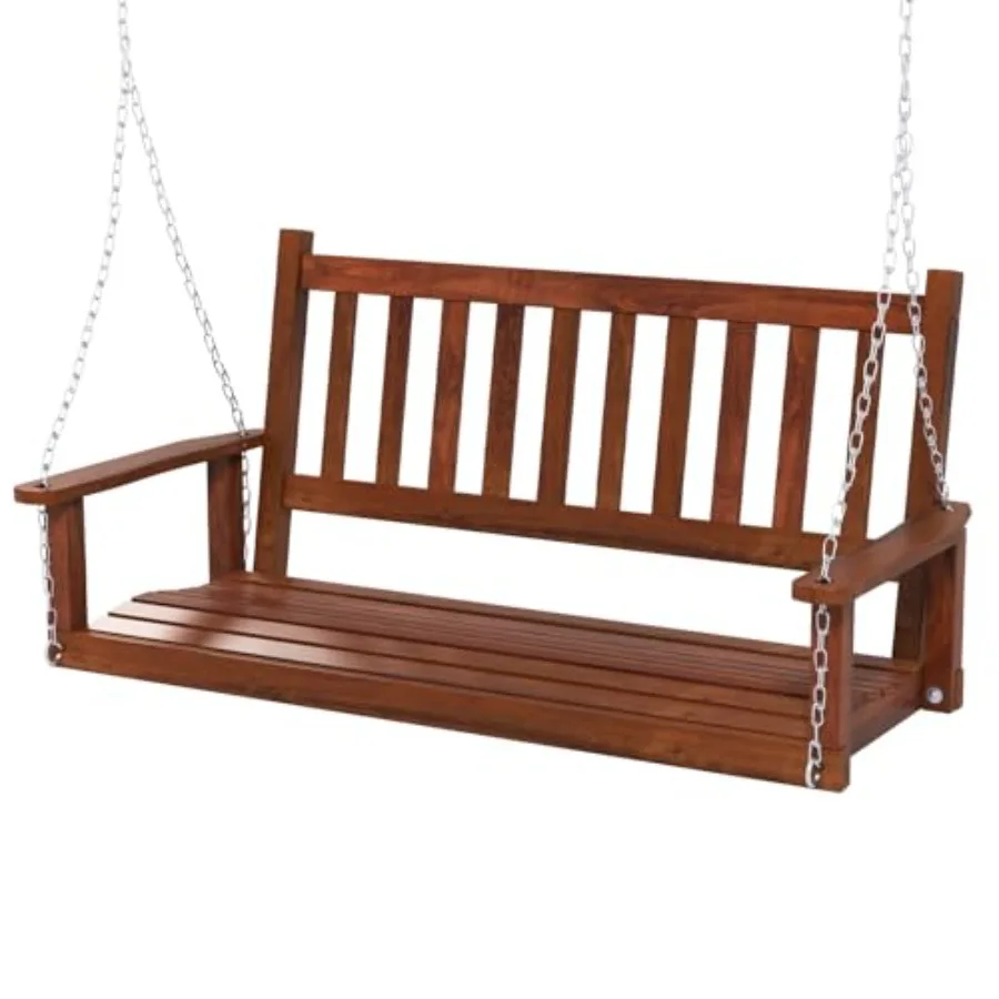 2-Person Wooden Outdoor Porch Swing for Garden and Backyard, Solid Wood, Natural Brown, Heavy Duty 500 LBS Capacity with 5.6 Ft