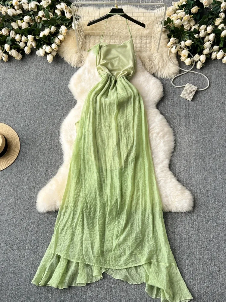 Robe longue verte en mousseline de soie pour femme, tenue de plage, style boho, sexy, dos nu, col licou, irrégulière, à volants, robe éducative