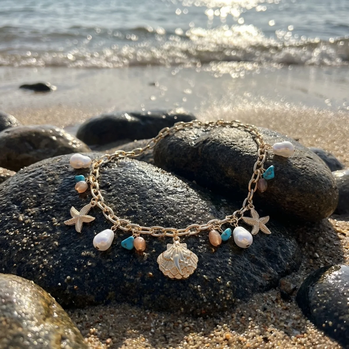 Sommerliche Muschel-Seestern-Imitationsperlen-Quasten-Anhänger-Halskette für Damen und Herren – Seepferdchen, Fisch, Muschel, Schildkröte, Delfin Choker-Schmuck – Detail 15