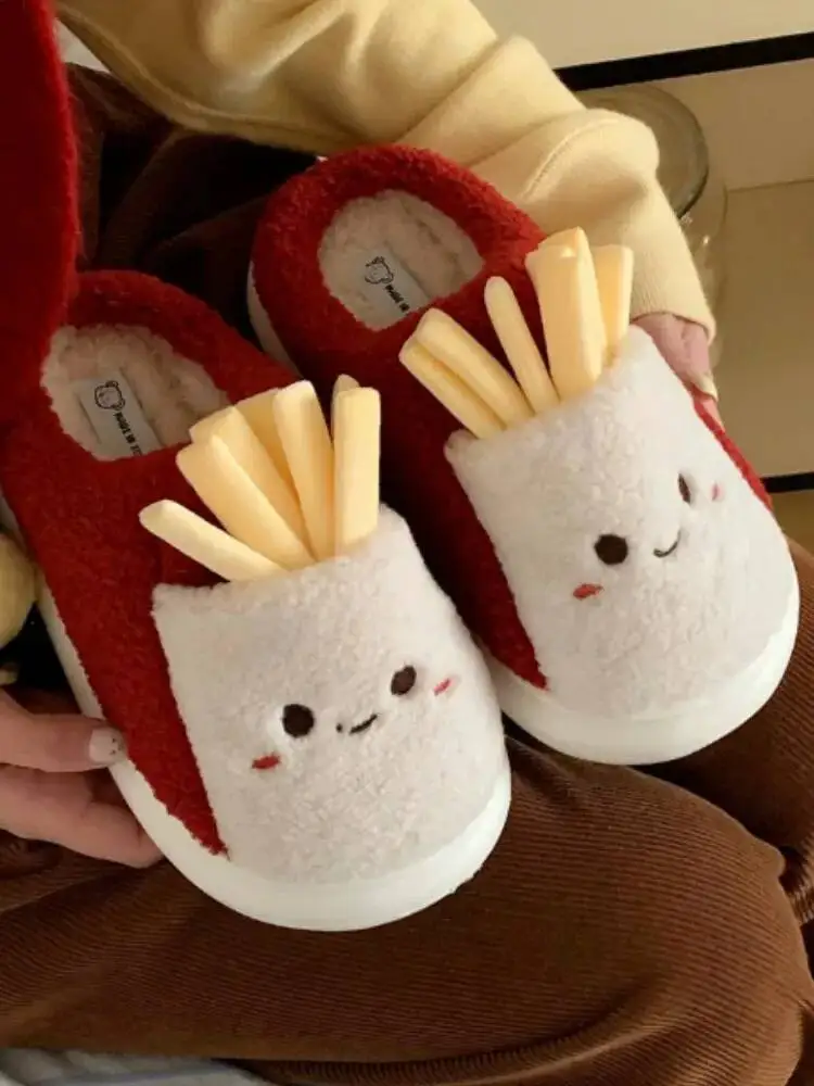 

2025 Winter Cotton Home Slippers Cute French Fries Design Anti Slip Warm Indoor Household Bedroom Slippers Shoes For Men Women