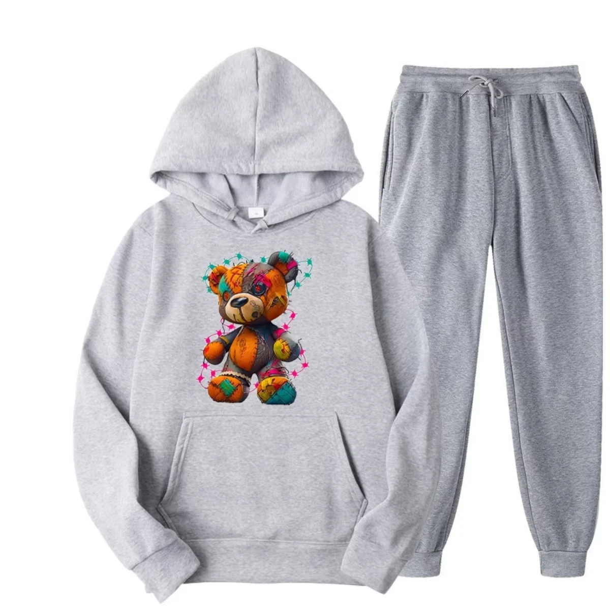 

Men's 2025 New Hot Autumn and Winter 100 Pure Cotton Fashionable Casual Sports Loose Color Bear Pattern Printed Sweatshirt Set
