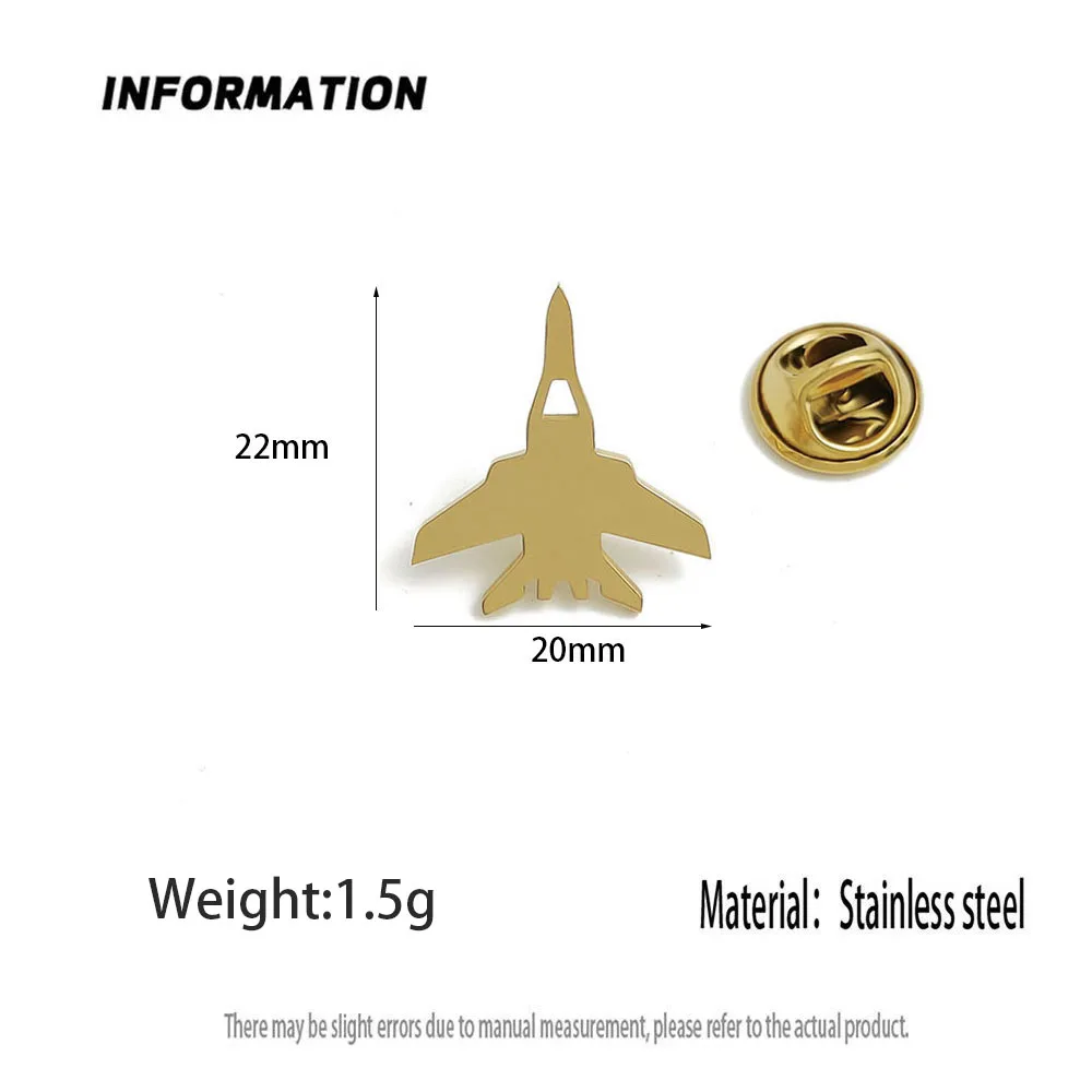 Jet Fighter Airplane Brooch 316L Stainless Steel 18K Gold Plated Aircraft Lapel Pin Unisex Suit Decor Jewelry Gift