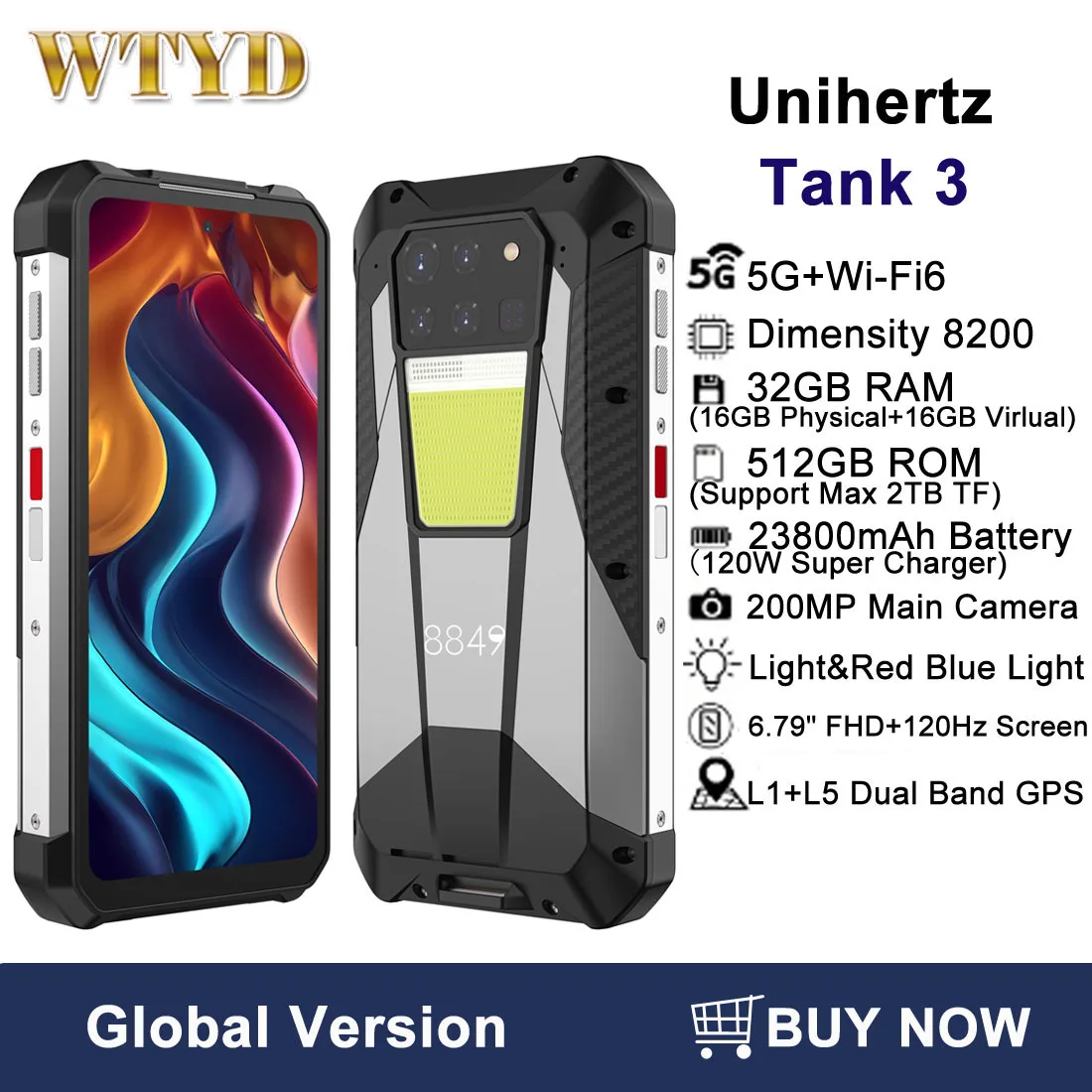 Unihertz Tank 3 teléfono resistente 32GB + 512GB 200MP cámara versión nocturna 23800mAh 6,79 "Android 13 Dimensity 8200 5G Smartphone