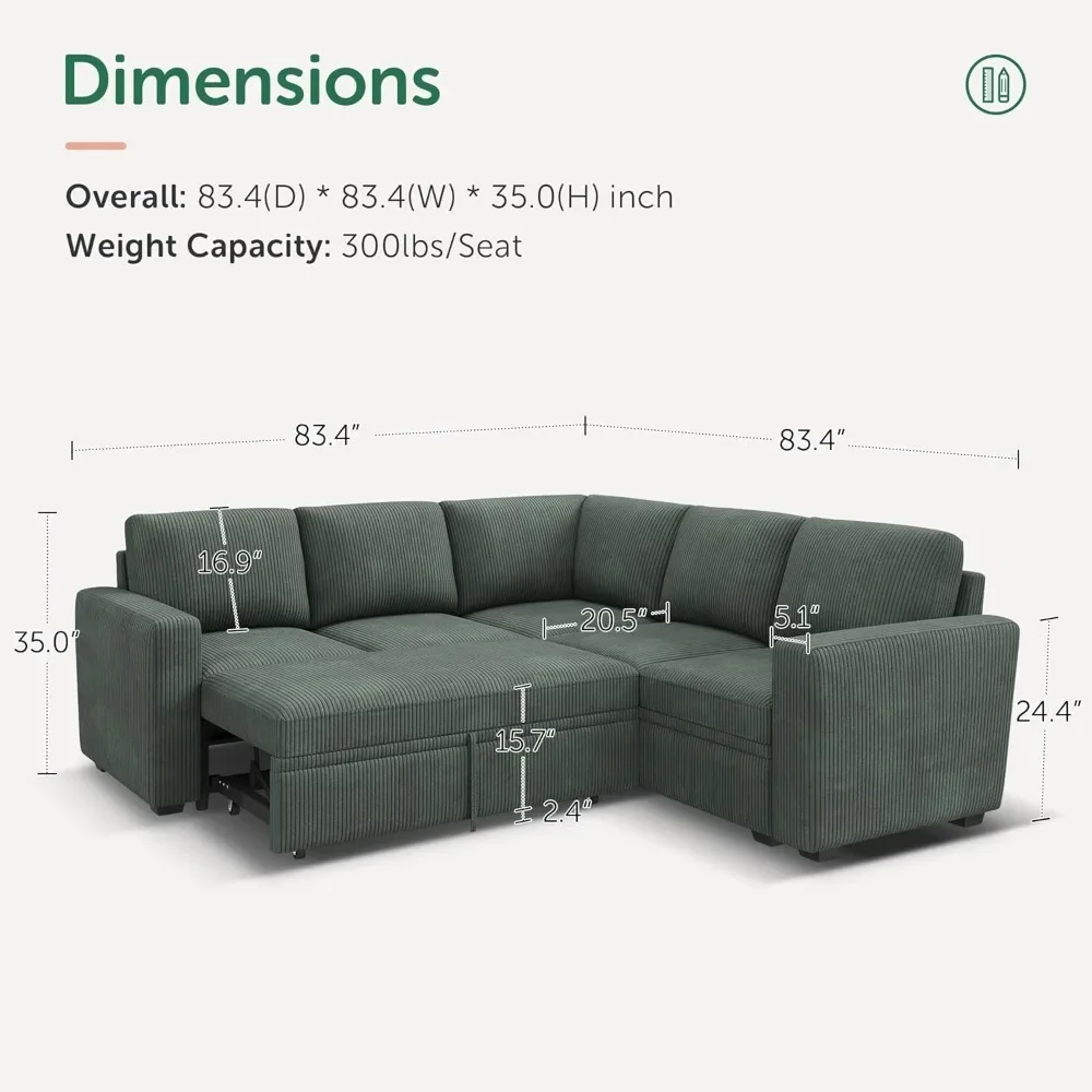 Modular Sectional Sleeper Sofa with Pull Out Bed, Corduroy L Shaped Couch with Storage Seats, Convertible Sectional Couches