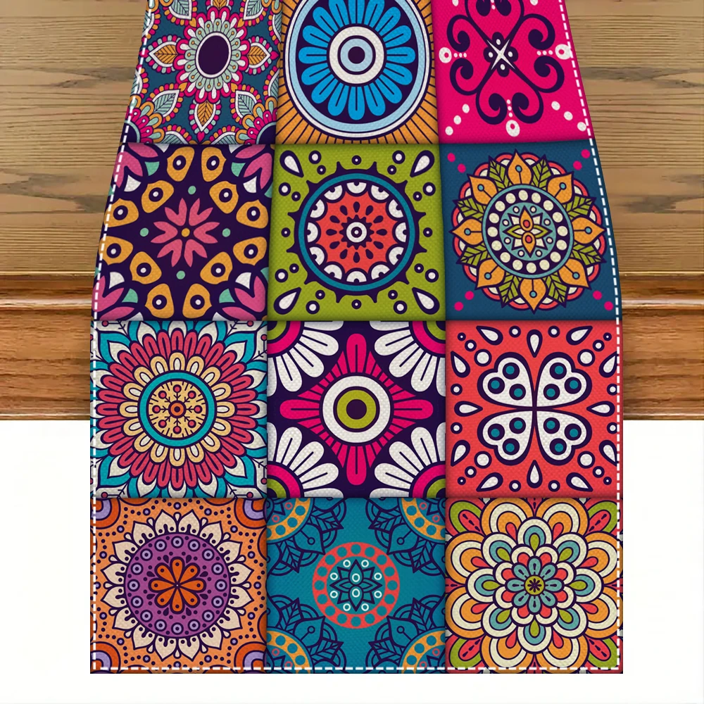 1pc Vintage Boho Mandala Print Linen Table Runner Table Decoration Home Dinner Holiday Party Decoration Table Runner Accessories