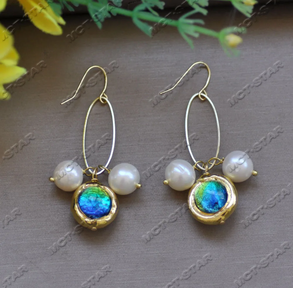 MTC·STAR Z12774 Set White Round Pearl Gold-Plated Bead Blue Murano Glass Necklace Bracelet Earring