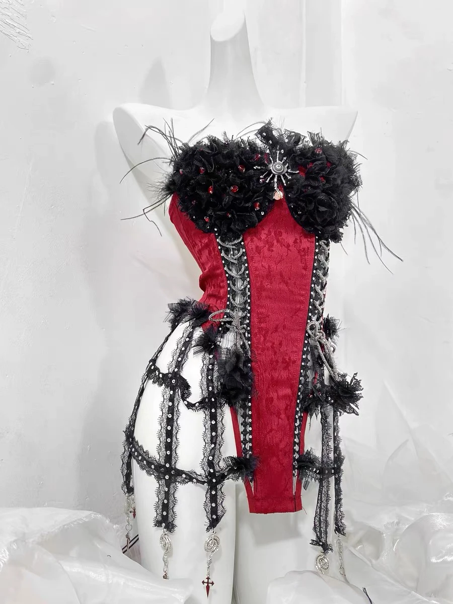 2024 New Nightclub Bar Gogo Fashion Performance Dress Red and Black Lace Drawstring Fishbone Chest Robe Bird Cage Corset Top