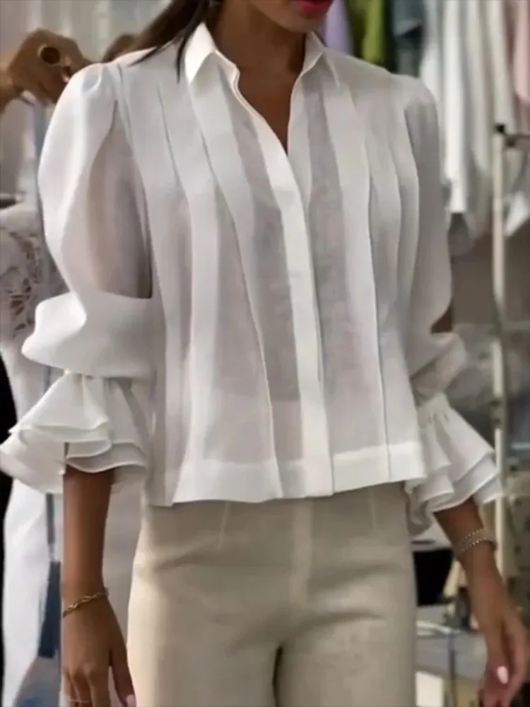 

2026 Spring Summer Pleated White Shirts Women Cotton Linen Turn Down Collar Flare Sleeve Button Simple Shirt&Blouses 186386