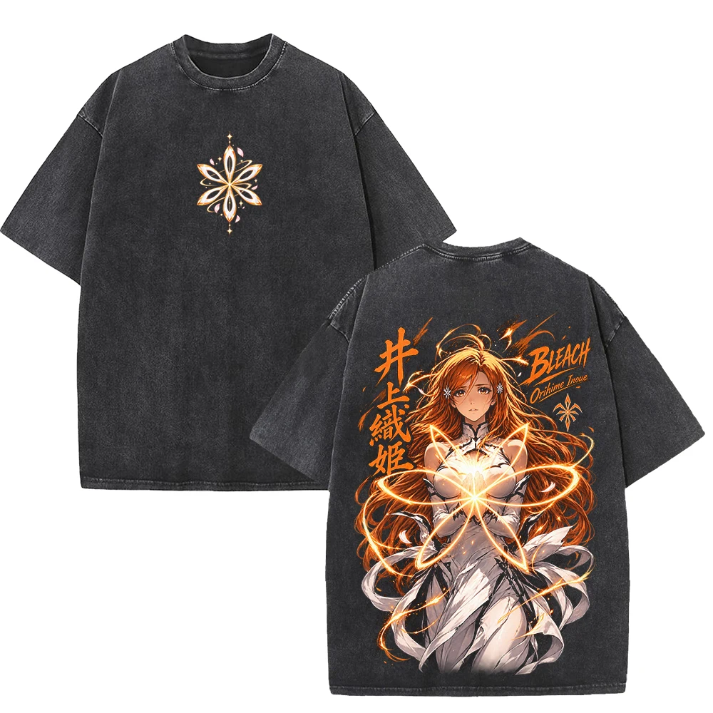 Anime Bleach Retro T Shirts Orihime Inoue Vintage Washed Streetwears Men Women Clothing Short Sleeve High Quality T-shirts Tops