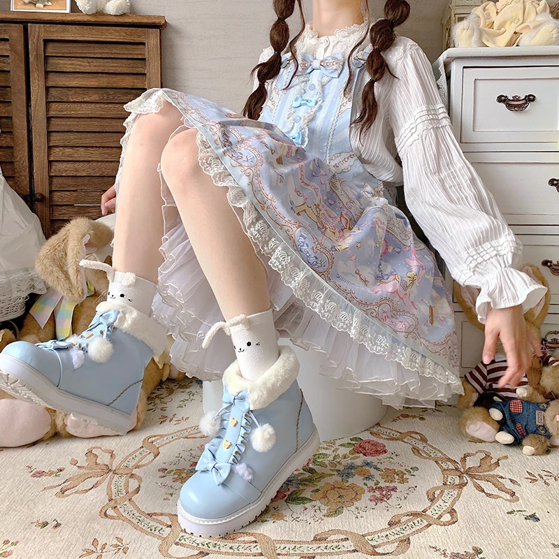 Da Pu Mùa Đông Nhật Bản Lolita Giày Fluffy Mũi Tròn Kawaii Anime Cosplay Nữ Giày Nữ Lolita Mắt Cá Chân Giày Plus Nhung Ấm Loli khởi Động