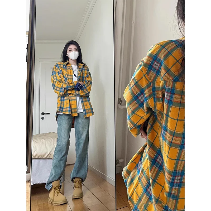 High End Female Yellow Lattice Shirt Design 2024 New Loose Couple Casual BF Ctyle Autumn Chic Top Spring Man Plaid Jacket Loose