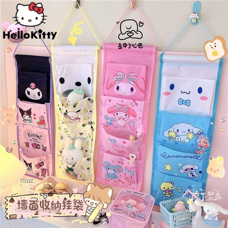 

Sanrio Melody Kuromi Dormitory Wall Hanging Bag Household Sundries Storage Bags Cartoon Kawaii 4 Pockets Storage Hanging Pouch