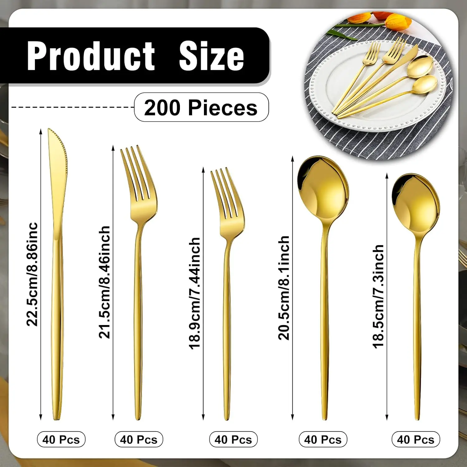 200 Pieces Gold Silverware Set Stainless Steel Flatware Set Cutlery Set with Knives Spoons and Forks Portable Reusable