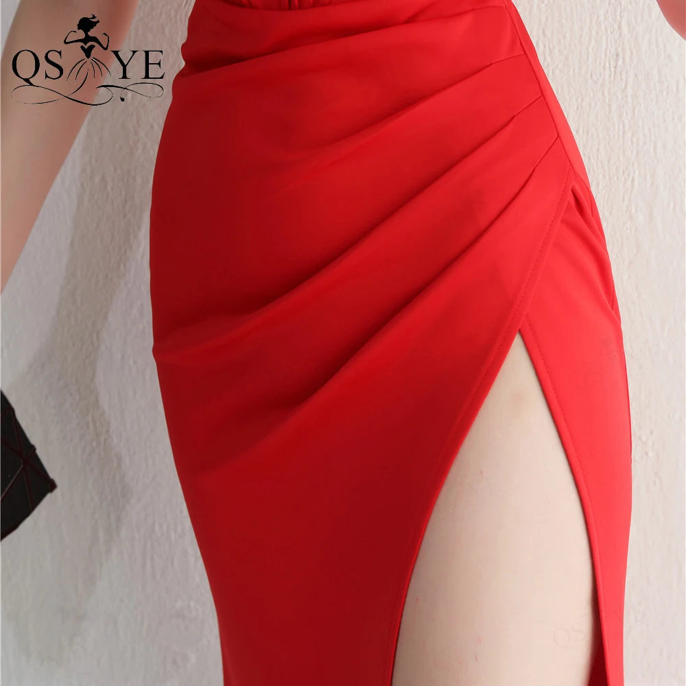 Off Shoulder Red Long Prom Dresses Ruched Bodice Sexy Split Party Gown Stretch Satin Sheath Girl Evening Dress Bridesmaid Chic