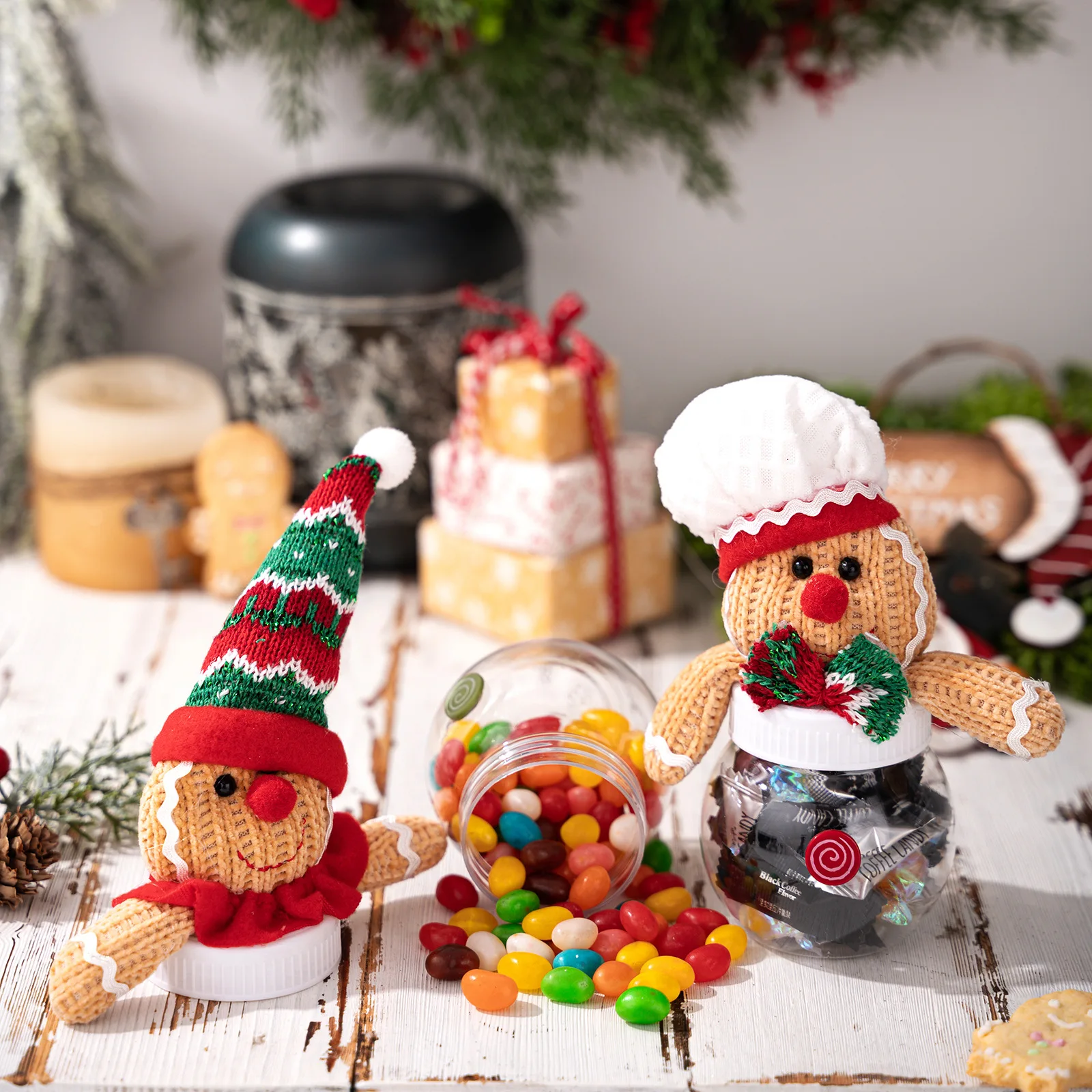 Creative Christmas Decorations Cartoon Knitted Christmas Gingerbread Man Candy Jars Candy Box Snack Storage Party Decorations