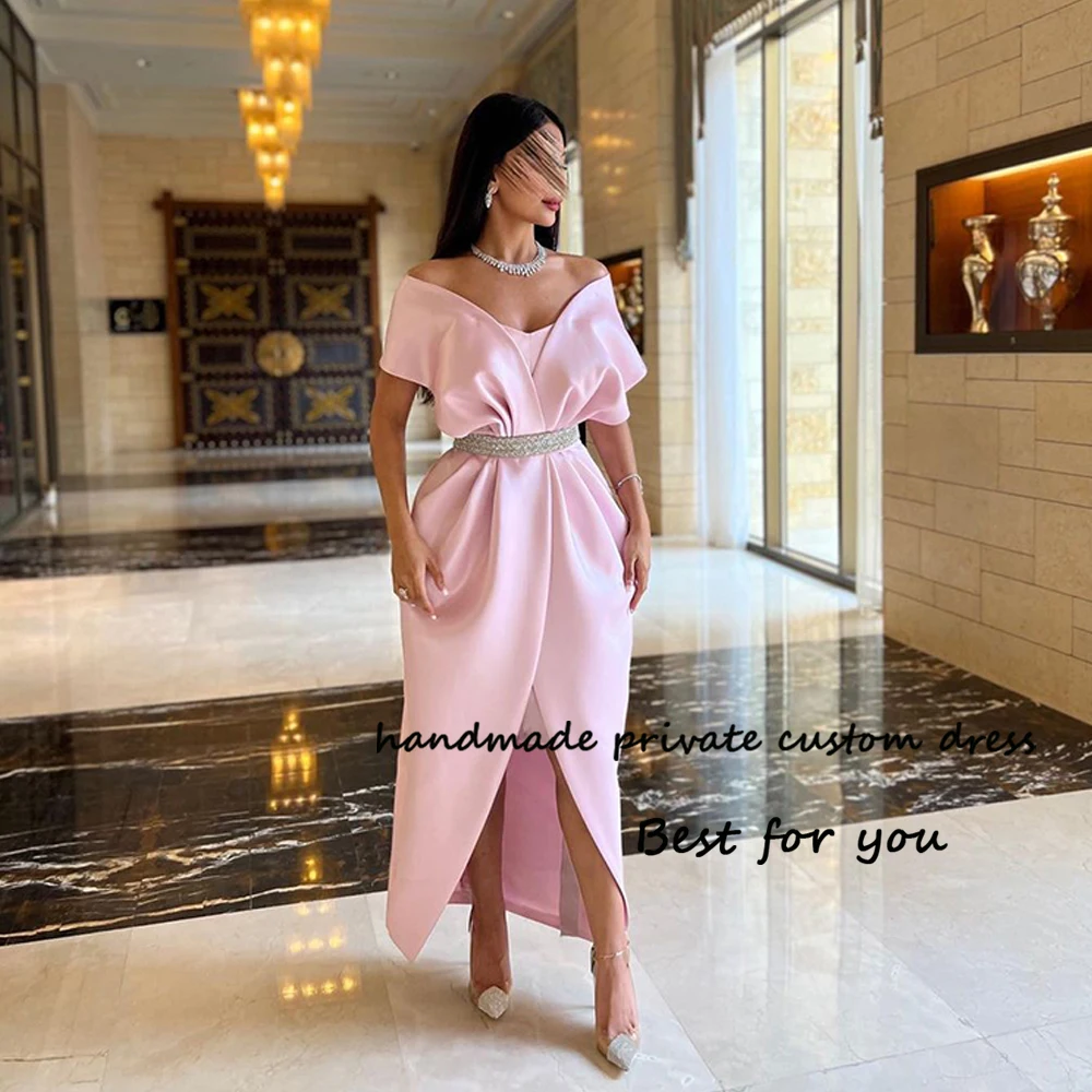 

Pink Satin Mermaid Evening Dresses Off Shoulder V Neck Arabian Dubai Prom Dress with Slit Ankle Length Formal Party Gowns