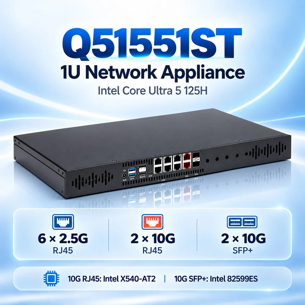 Qotom Q31551ST 1U Edge AI Rackmount Server Firewall Router Int el Core Ultra Mini PC 6x2.5G LAN 2x10G LAN 2x10G SFP+
