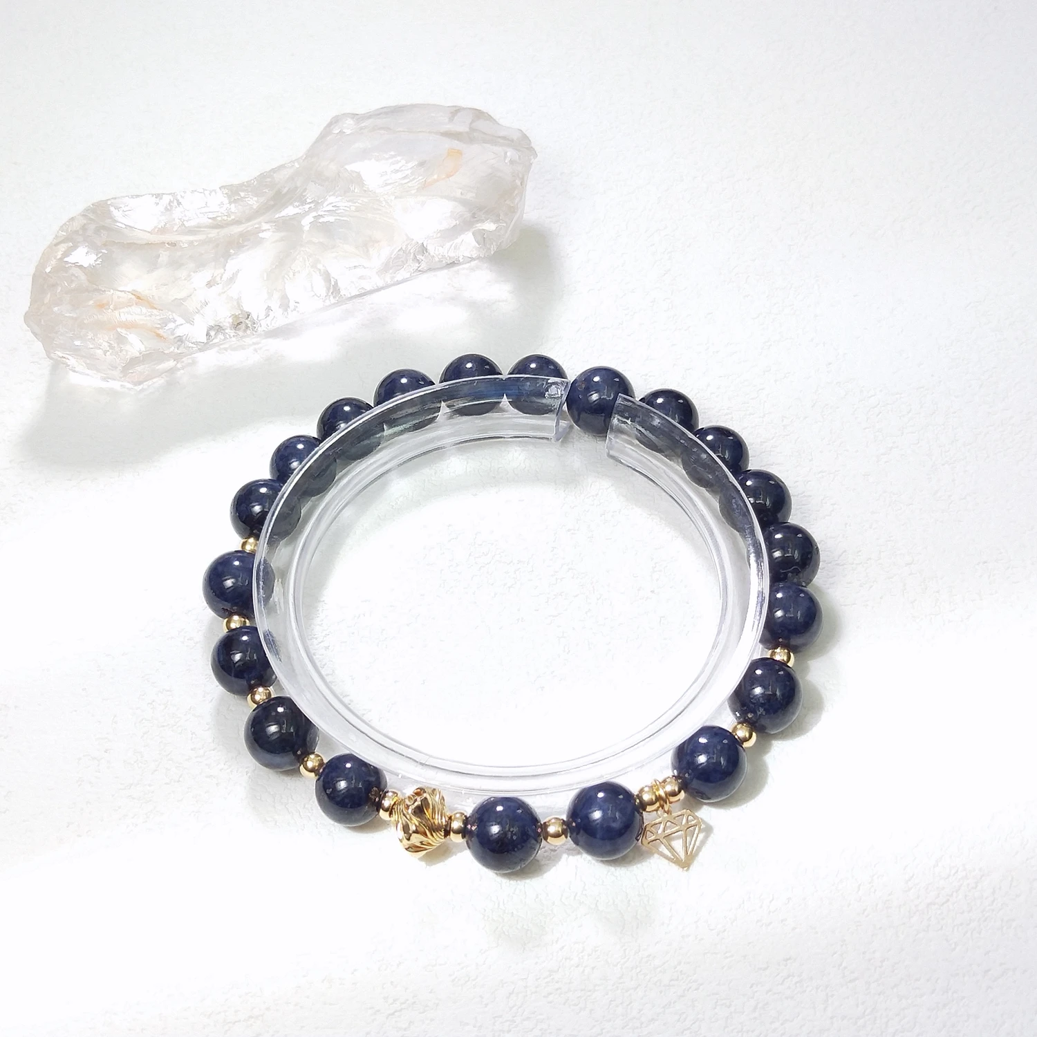 Lii Ji Natural Gemstone Sapphire 6/8mm With Crystal American 14K Gold Filled Elastic Bracelet