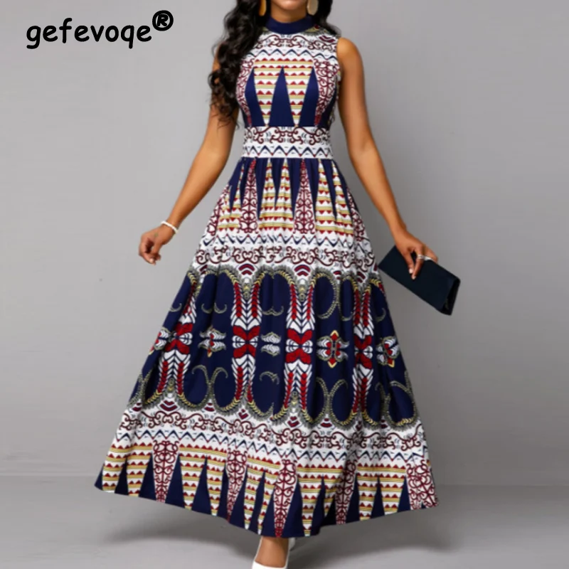 

2022 Summer Ethnic Style Stand Collar Printing High Waist Long Tank Dress Women Sleeveless Casual Oversized Holiday Robe Dresses