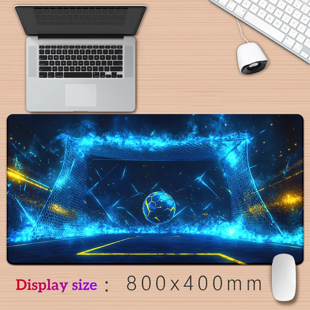 Alfombrilla de ratón para juegos |   Diseño vibrante de portería de fútbol |   Azul neón multicolor y amarillo |   Base de goma antideslizante |   Tapete de escritorio impermeable para