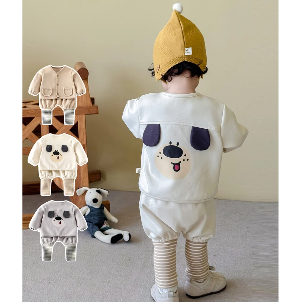 

2025 Autumn 2pcs Toddler Girl Boy Outfit Set Cartoon Dog 3D Ears Vintage Jacket & Striped PP Pants Fleece Baby Outfit Clothes