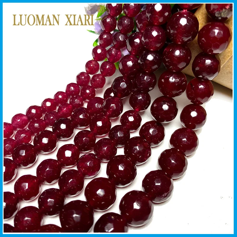 Wholesale Natural Stone Beads Faceted Ruby Red Chalcedony Jades Round Loose Spacer Beads for Jewelry Making DIY Bracelet 4-12MM